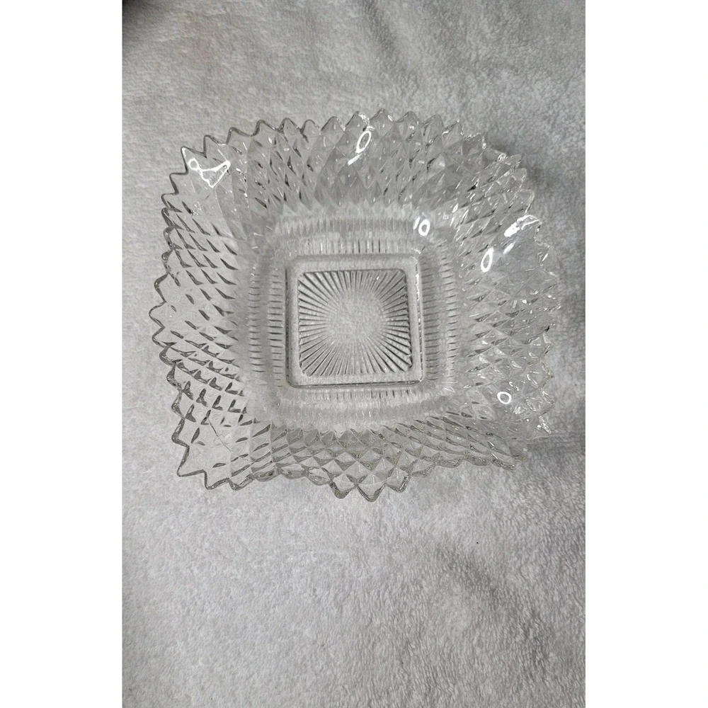 Vintage Clear Pressed Glass Square Diamond Point Sawtooth Rim Candy Bowl 7.5in